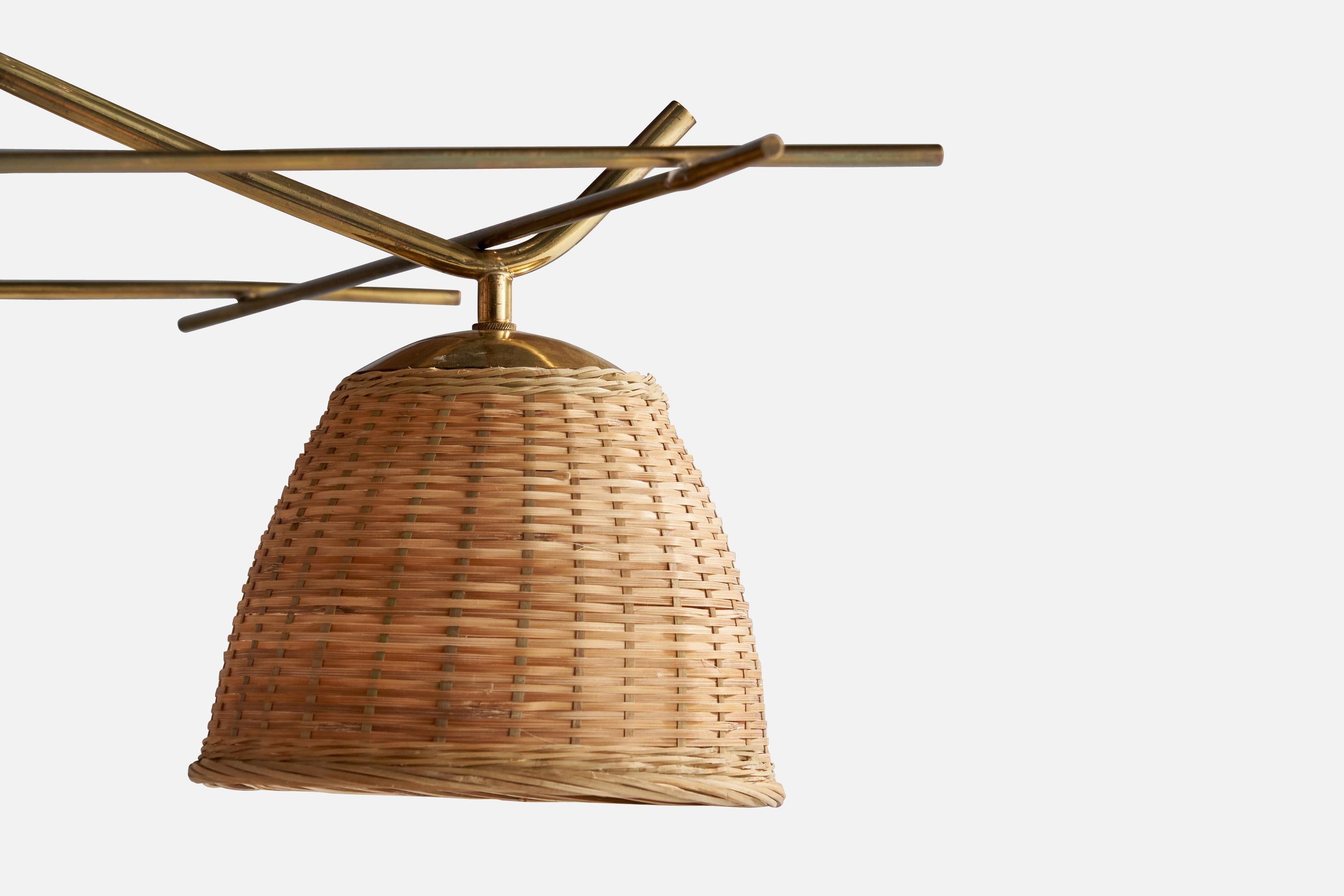 Itsu, Chandelier, Brass, Rattan, Finland, 1950s In Good Condition For Sale In High Point, NC