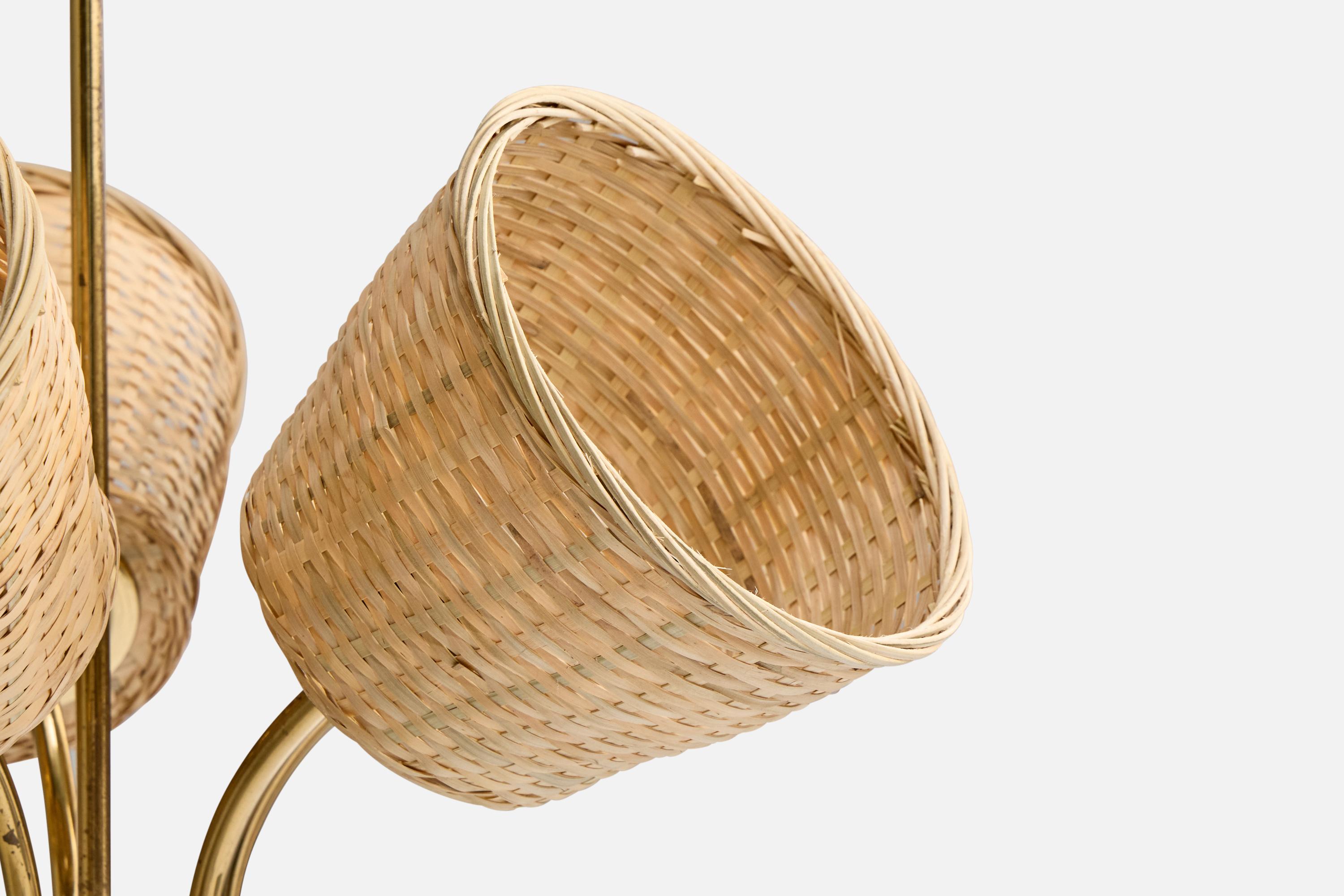 Itsu, lámpara de araña, latón, ratán, Finlandia, años 50 en venta 1