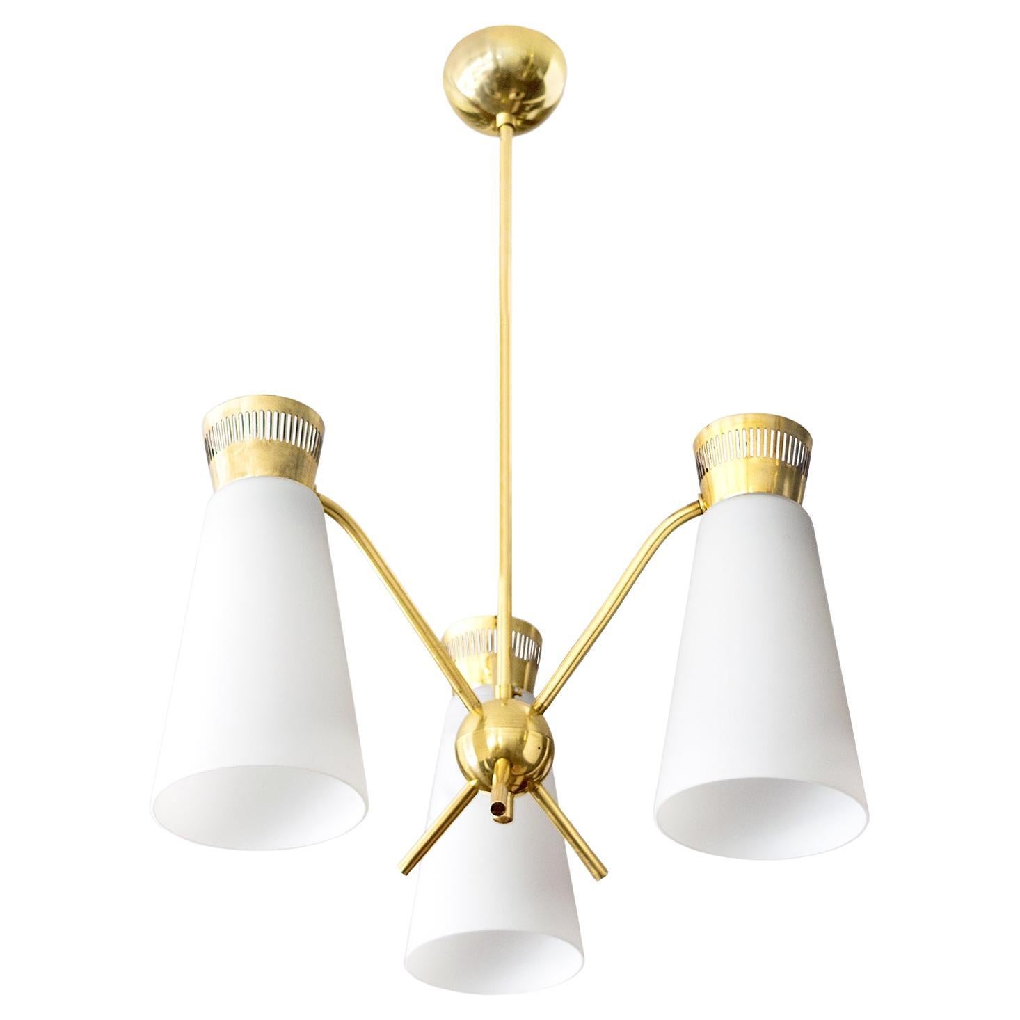 Itsu Finish Pendant with Three Opal Glass Shades on a Brass Frame For Sale