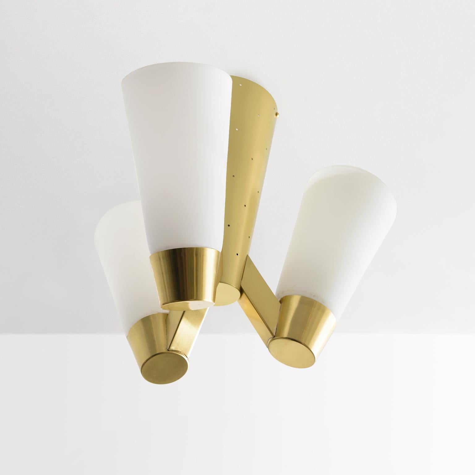 Scandinavian Itsu, Finnish 1960 'AA71' Flush Mount with Polished Brass Frame and 3 Opal Shade For Sale