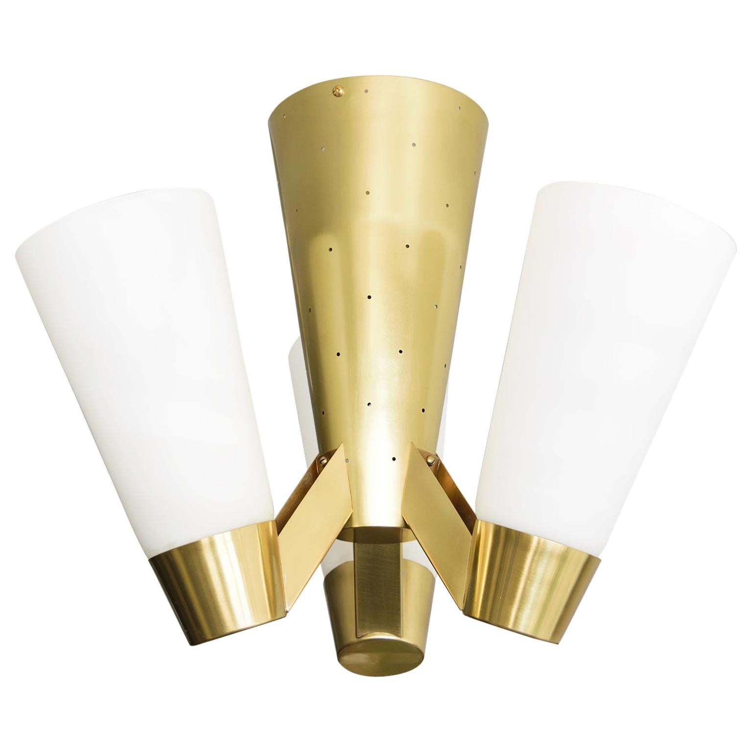 Itsu, Finnish 1960 'AA71' Flush Mount with Polished Brass Frame and 3 Opal Shade