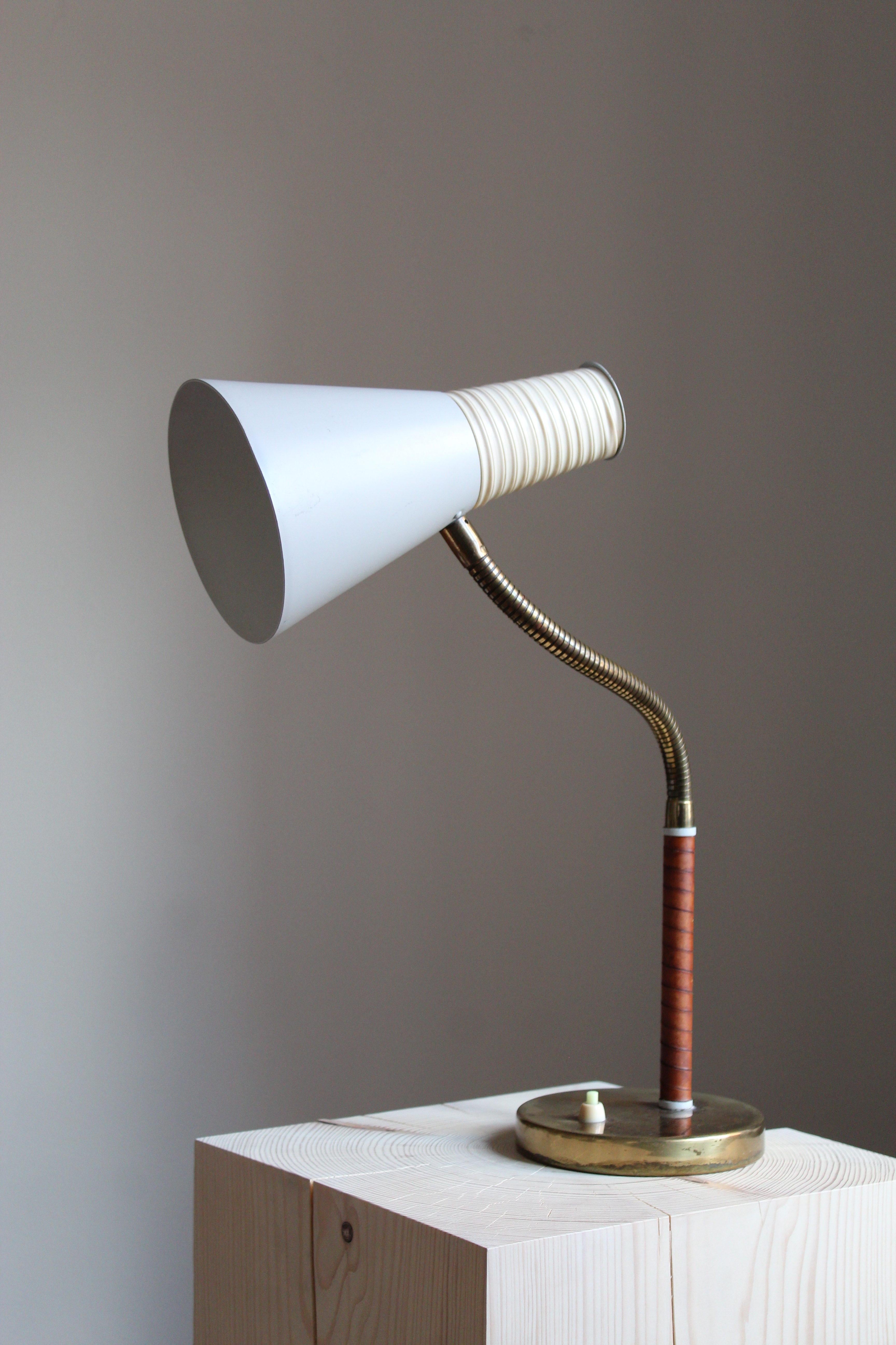Scandinavian Modern Itsu, Modernist Desk Lamp, Brass, Lacquer Metal, Acrylic, Leather, Finland 1950s
