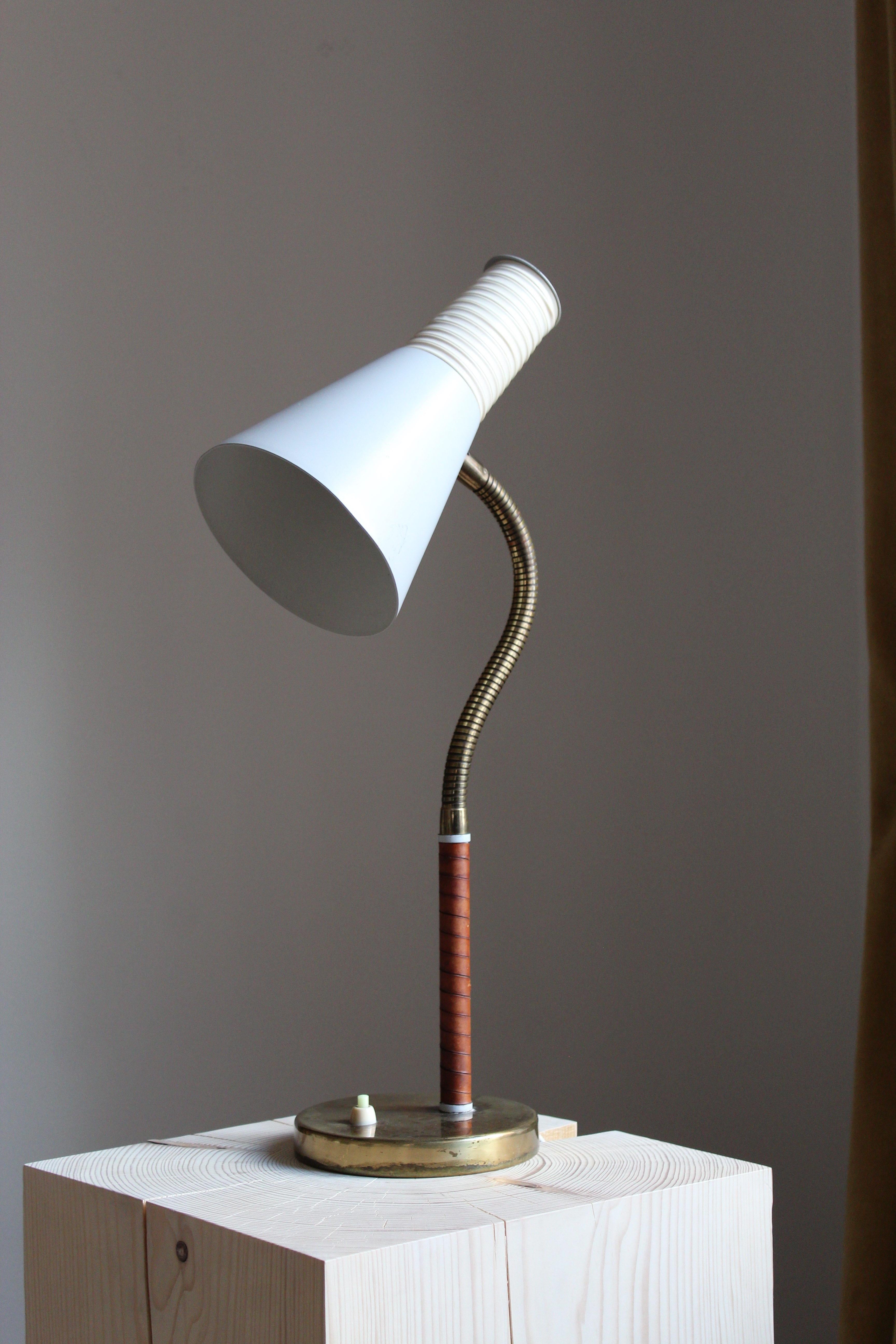 Finnish Itsu, Modernist Desk Lamp, Brass, Lacquer Metal, Acrylic, Leather, Finland 1950s