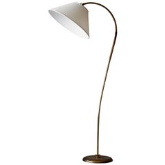 Itsu, Organic Floor Lamp, Brass, Reed, Off-White Fabric Finland, 1950s