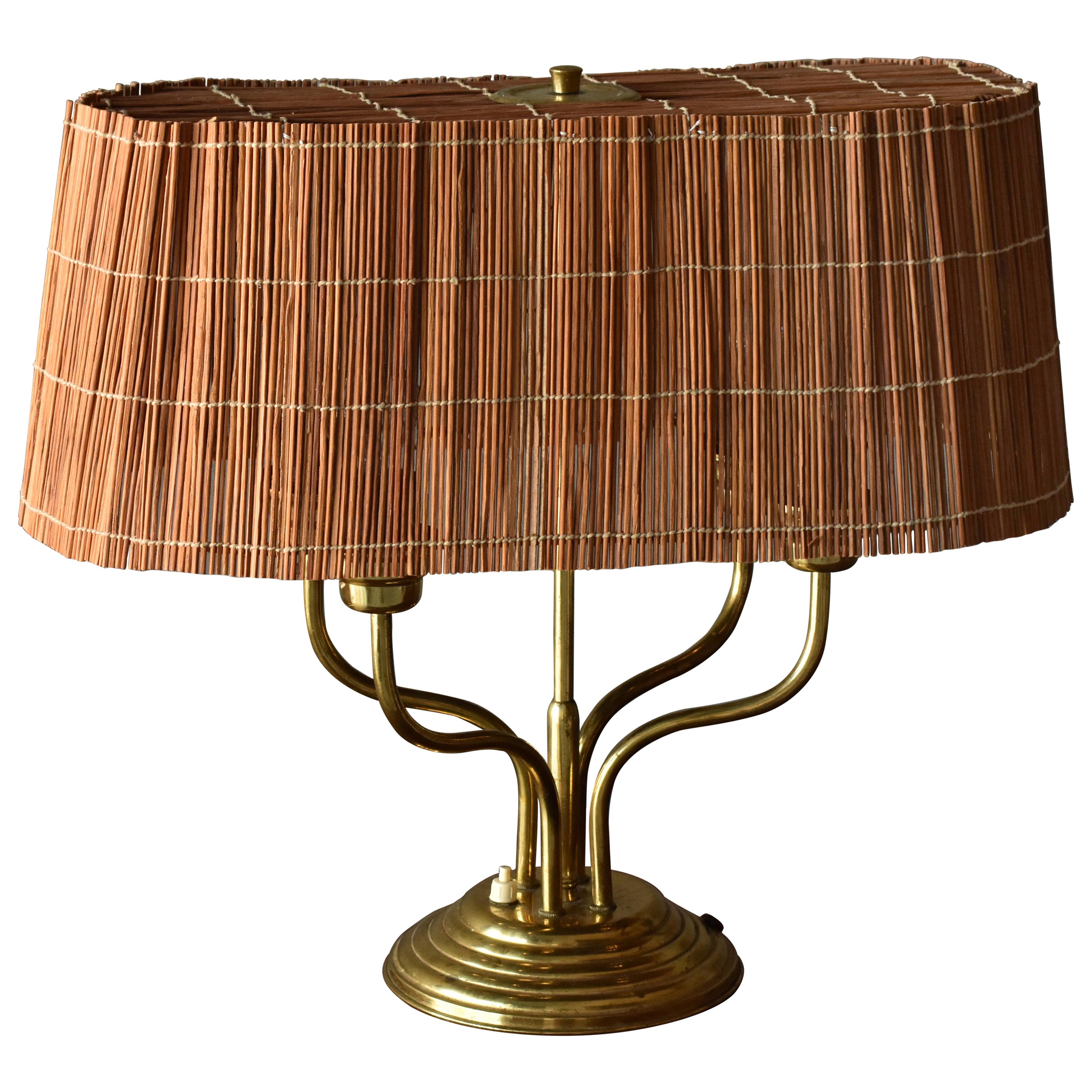 Itsu, Organic Modernist Four Armed Table Lamp, Brass, Reed, Finland, 1950s