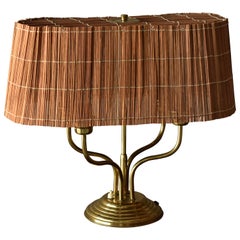 Itsu, Organic Modernist Four Armed Table Lamp, Brass, Reed, Finland, 1950s