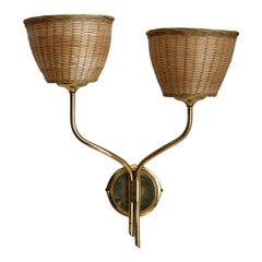 Itsu, Organic Two-Armed Wall Light, Brass, Rattan, Finland, 1950s