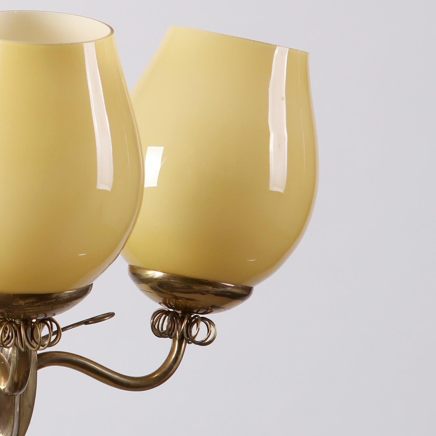 Scandinavo moderno Itsu Oy Ceiling Lamp in Brass and Yellow Opaline Glass, 1950s in vendita