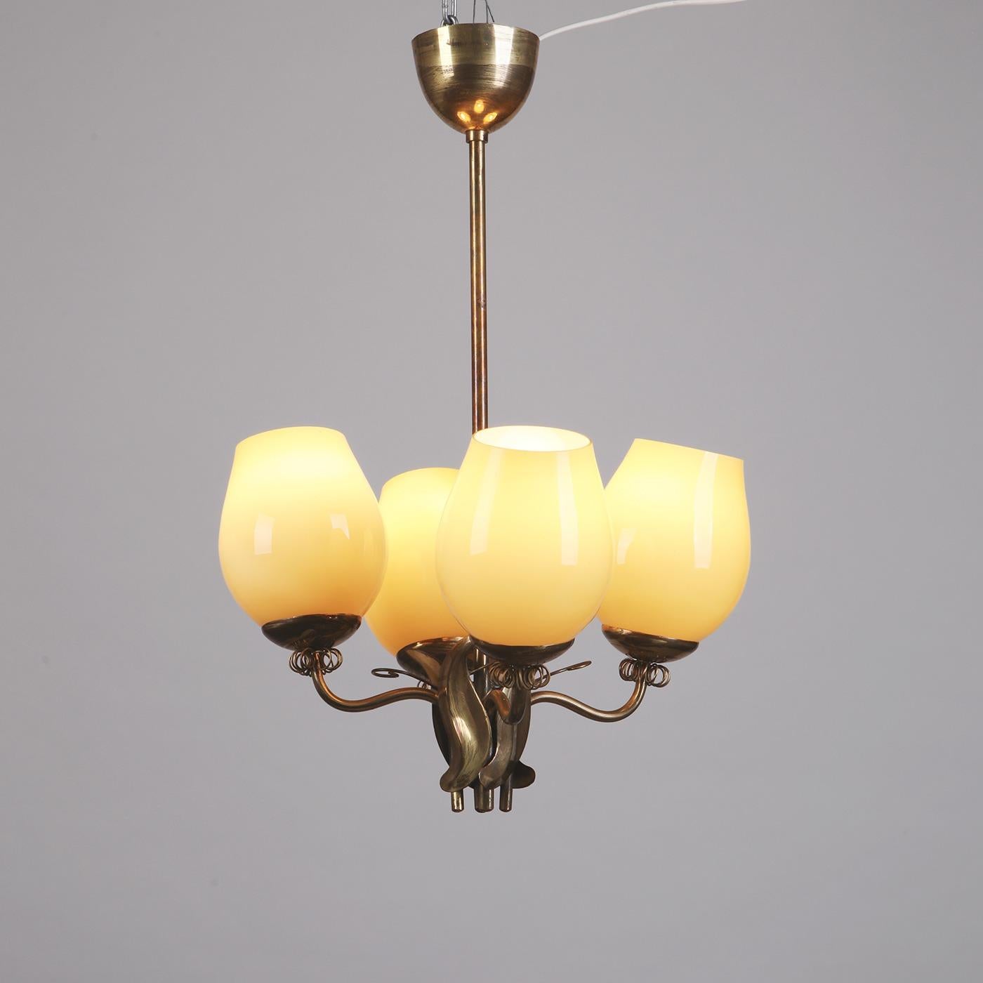Finlandese Itsu Oy Ceiling Lamp in Brass and Yellow Opaline Glass, 1950s in vendita