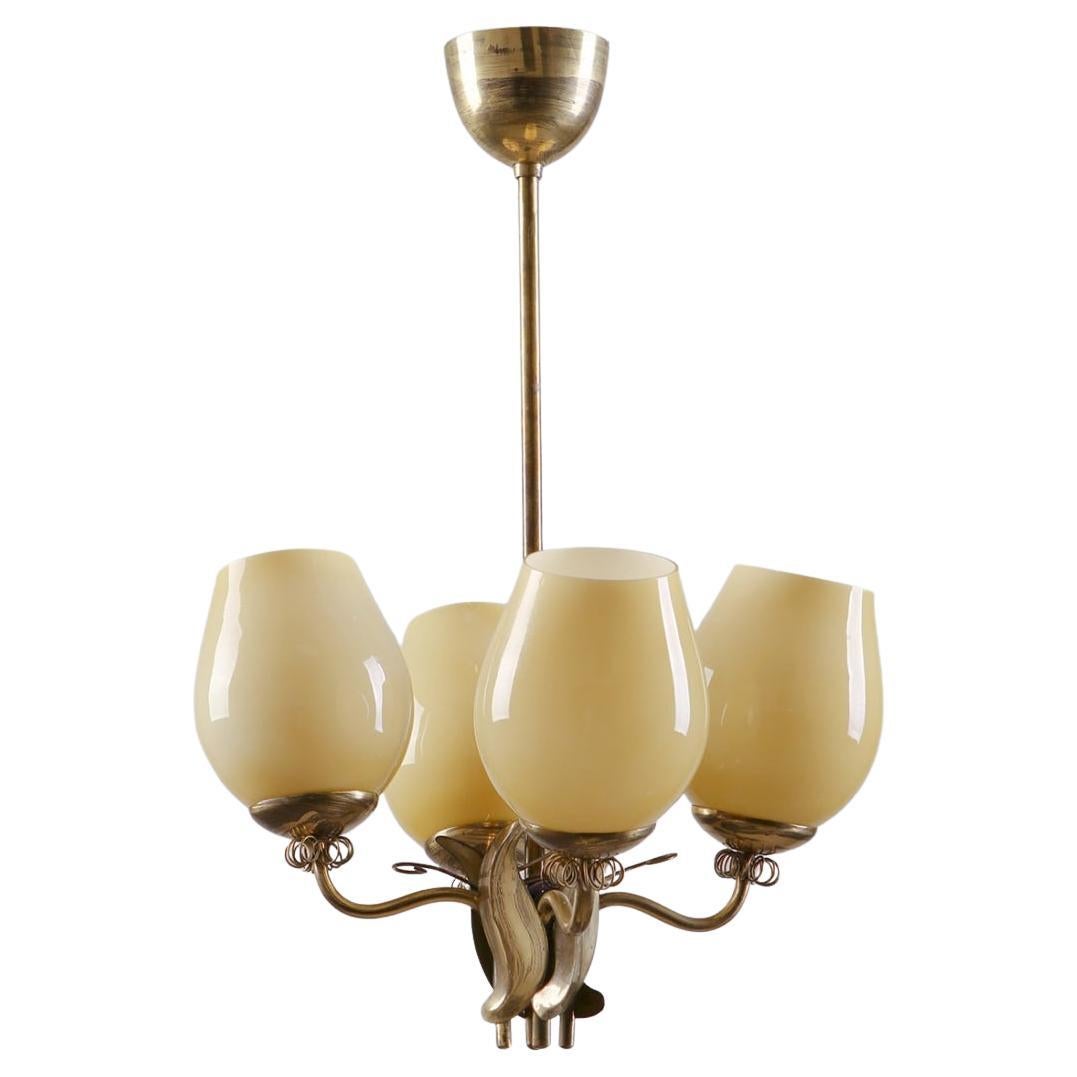 Itsu Oy Ceiling Lamp in Brass and Yellow Opaline Glass, 1950s