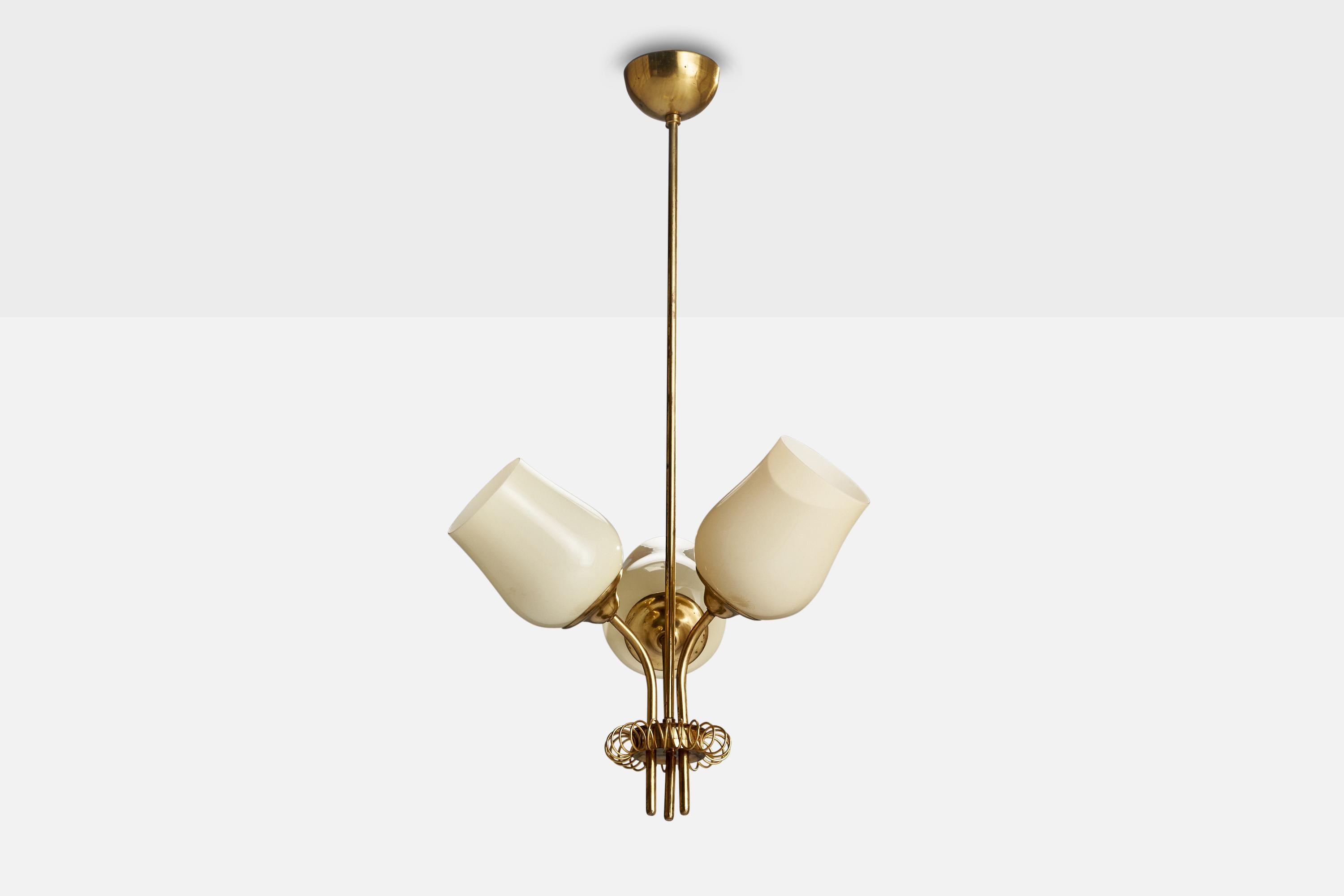 A brass and opaline glass chandelier designed and produced by ITSU Oy, Finland, c. 1940s.

Dimensions of canopy (inches): 2.5” H x 3.75” Diameter
Socket takes standard E-26 bulbs. 3 socket.There is no maximum wattage stated on the fixture. All