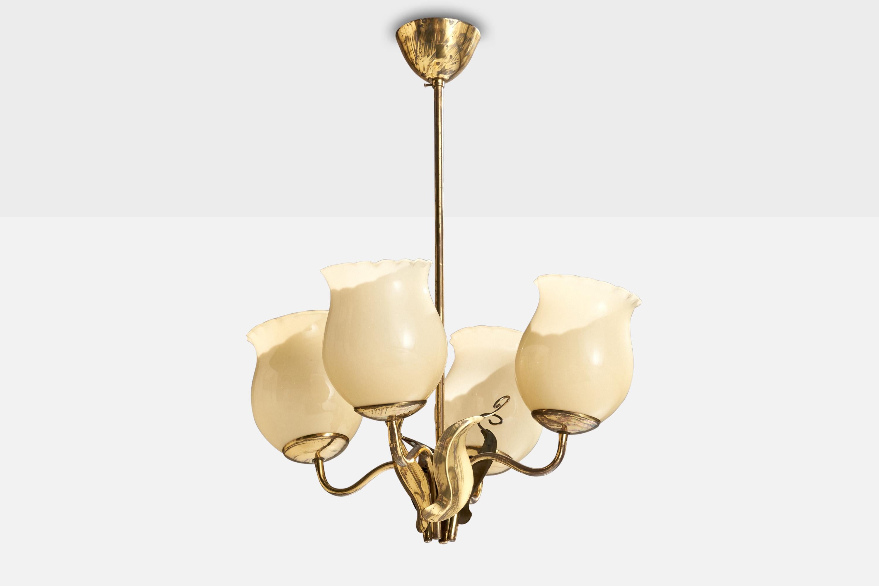 A brass and opaline glass chandelier designed and produced in Finland, c. 1940s.

Overall Dimensions (inches): 21” H x  17” Diameter

Dimensions of Canopy:  2.75” H x 3.875” W x 3.875” D

Stem length: 17” H

Bulb Specifications: E-26  Bulbs

Number