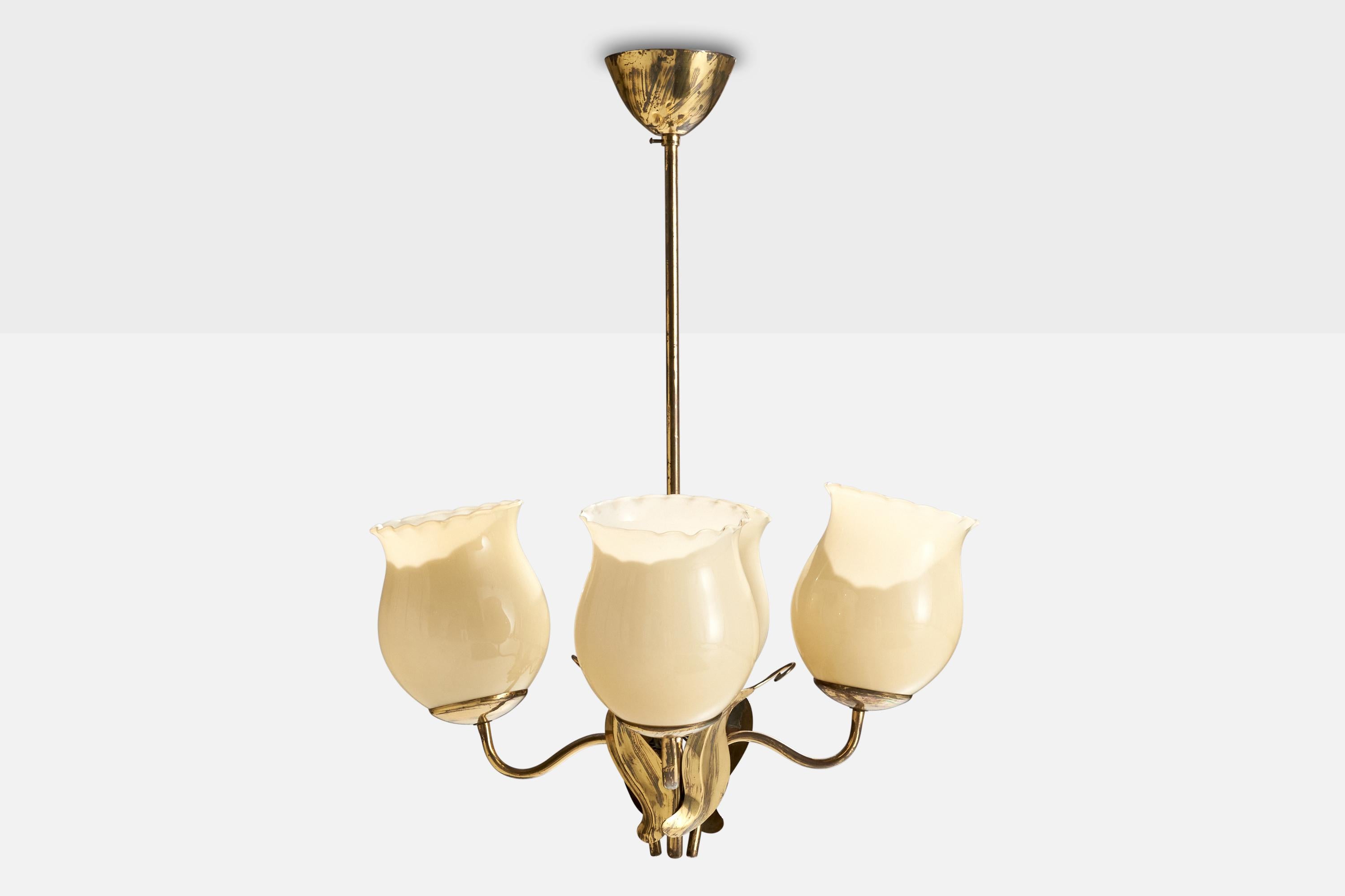 Scandinavian Modern Itsu OY, Chandelier, Brass, Glass, Finland, 1940s For Sale