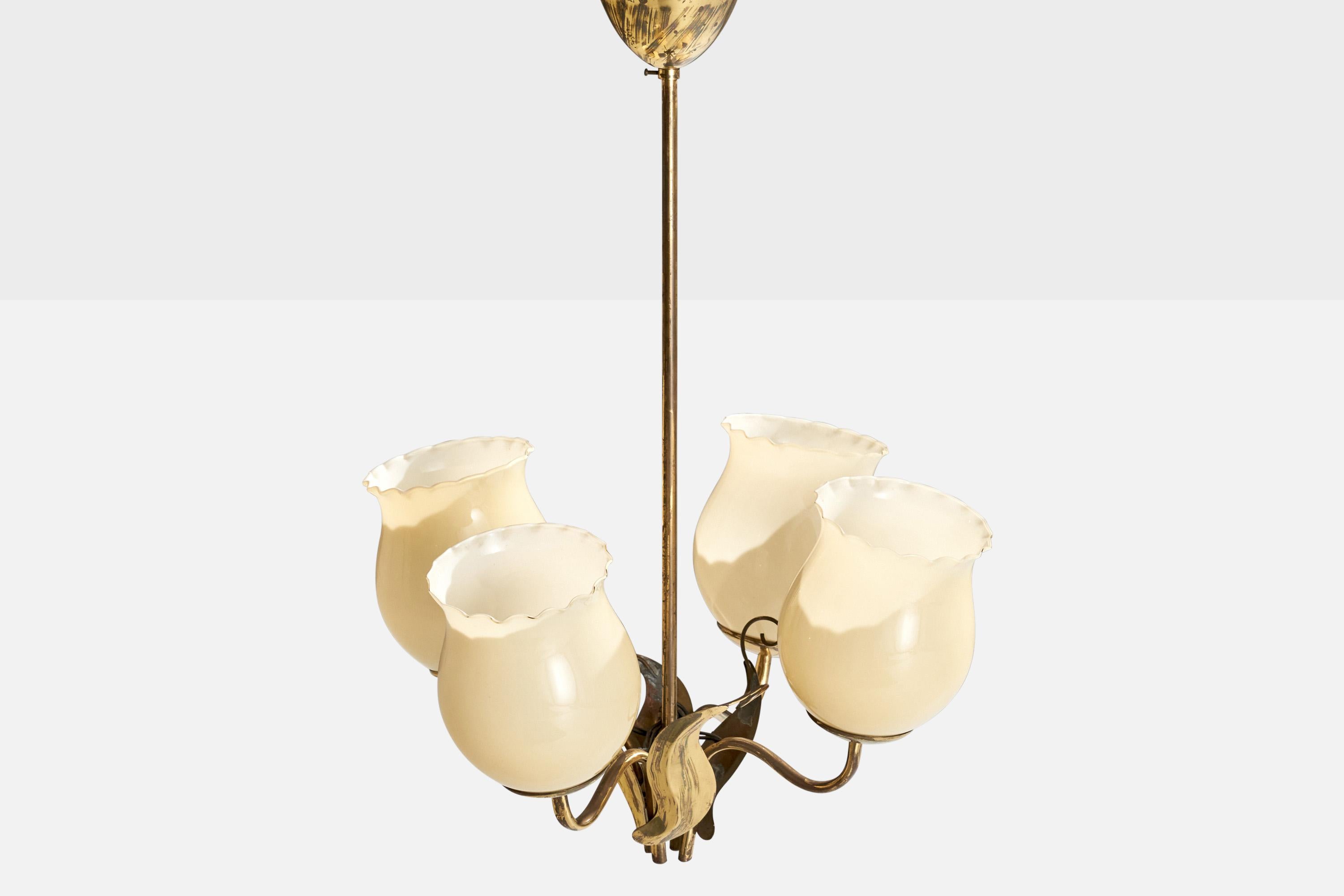 Finnish Itsu OY, Chandelier, Brass, Glass, Finland, 1940s For Sale