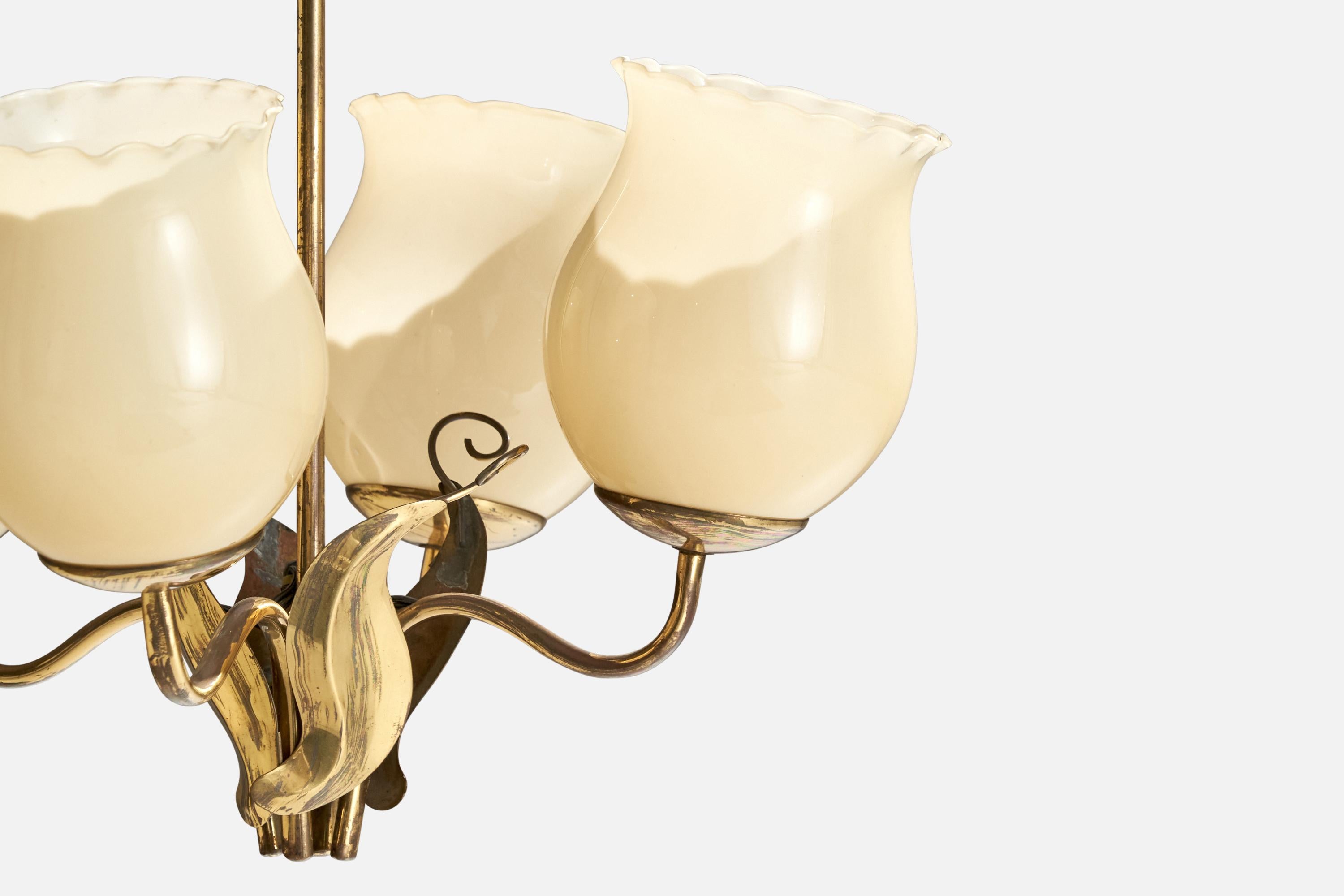 Itsu OY, Chandelier, Brass, Glass, Finland, 1940s In Good Condition For Sale In High Point, NC