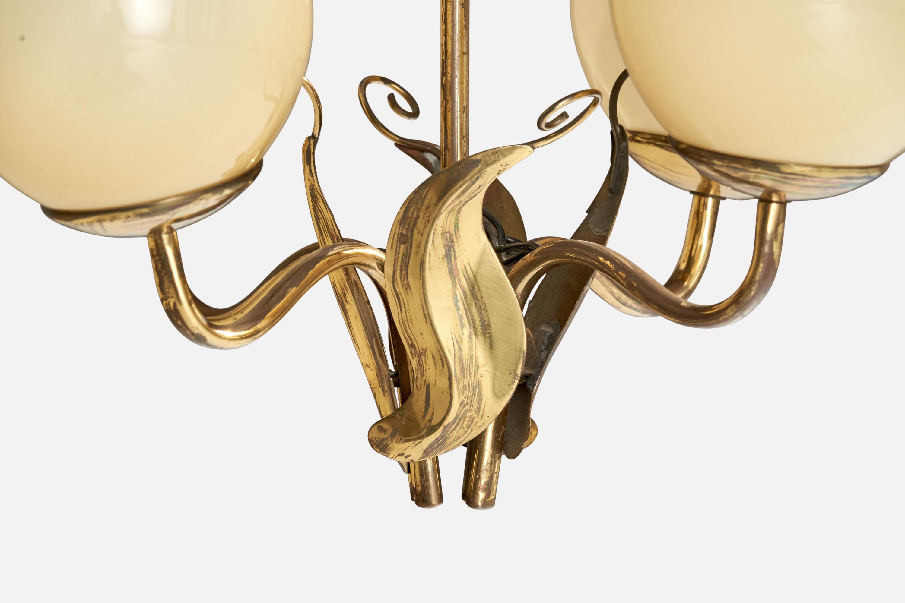 Itsu OY, Chandelier, Brass, Glass, Finland, 1940s For Sale 1