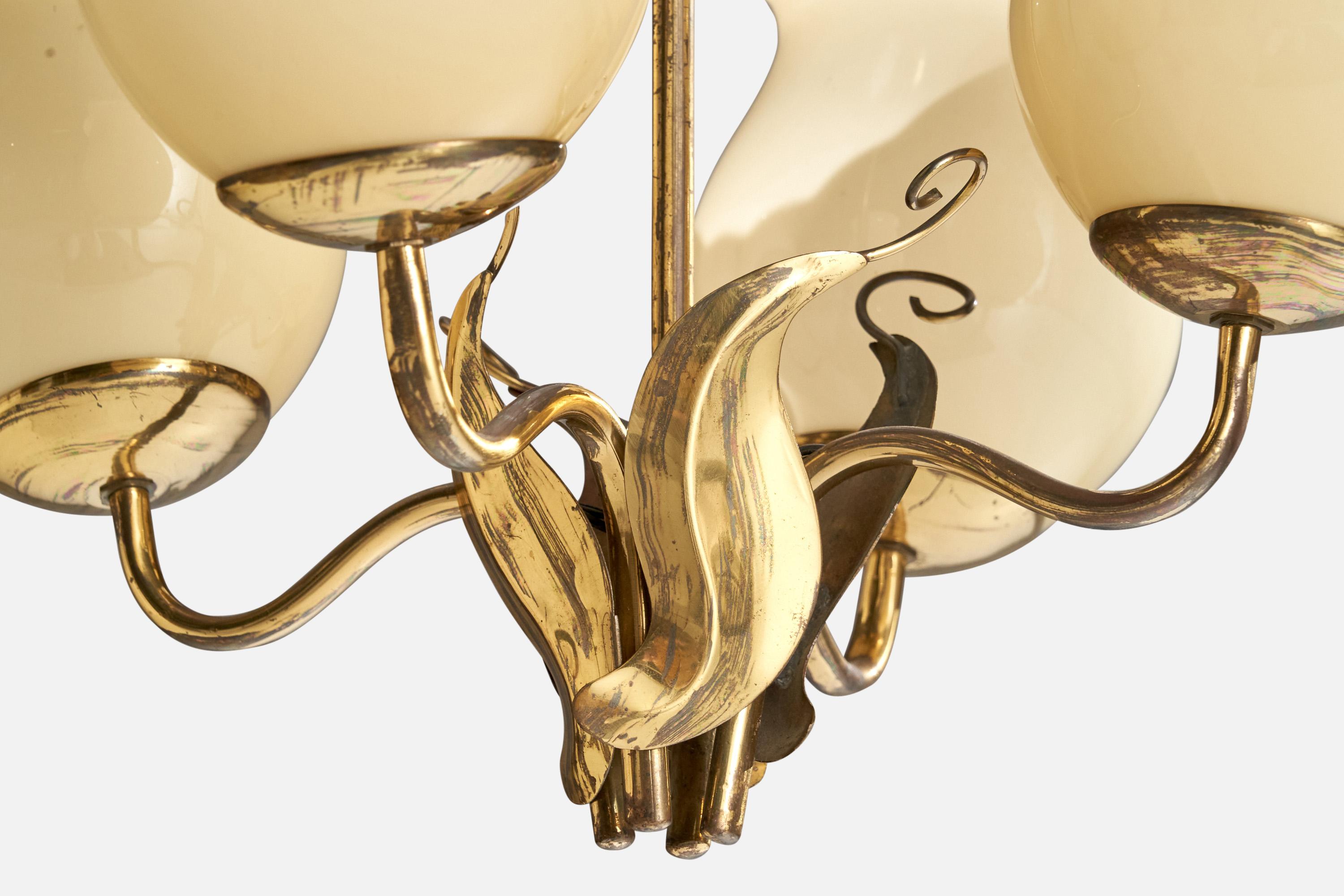 Itsu OY, Chandelier, Brass, Glass, Finland, 1940s For Sale 2