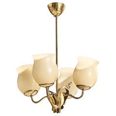 Itsu OY, Chandelier, Brass, Glass, Finland, 1940s