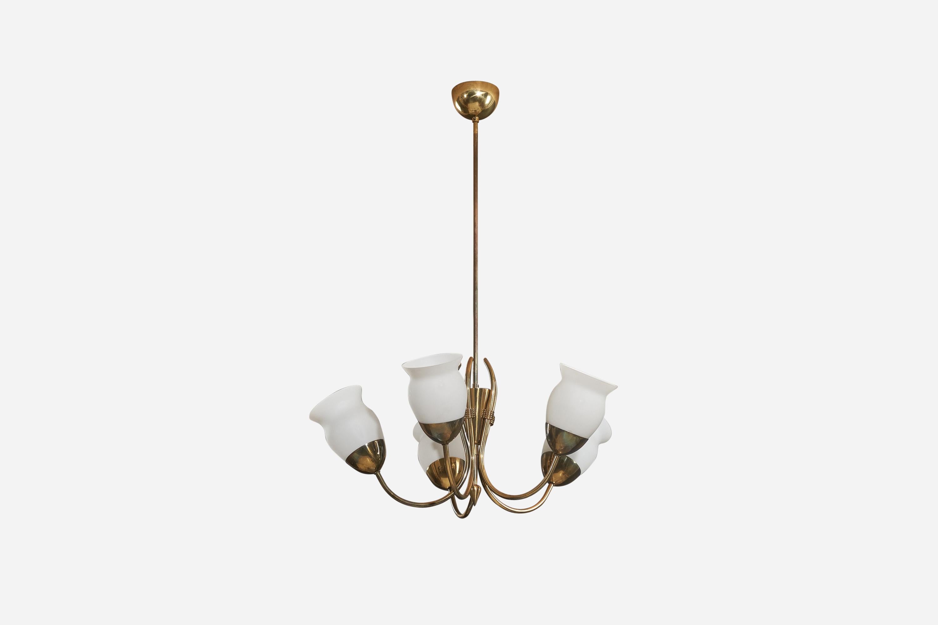 A brass and glass five-armed chandelier designed and produced by Itsu OY, Finland, 1950s. 

Canopy Dimensions (inches): 3 x 4 x 4 (H x W x D).