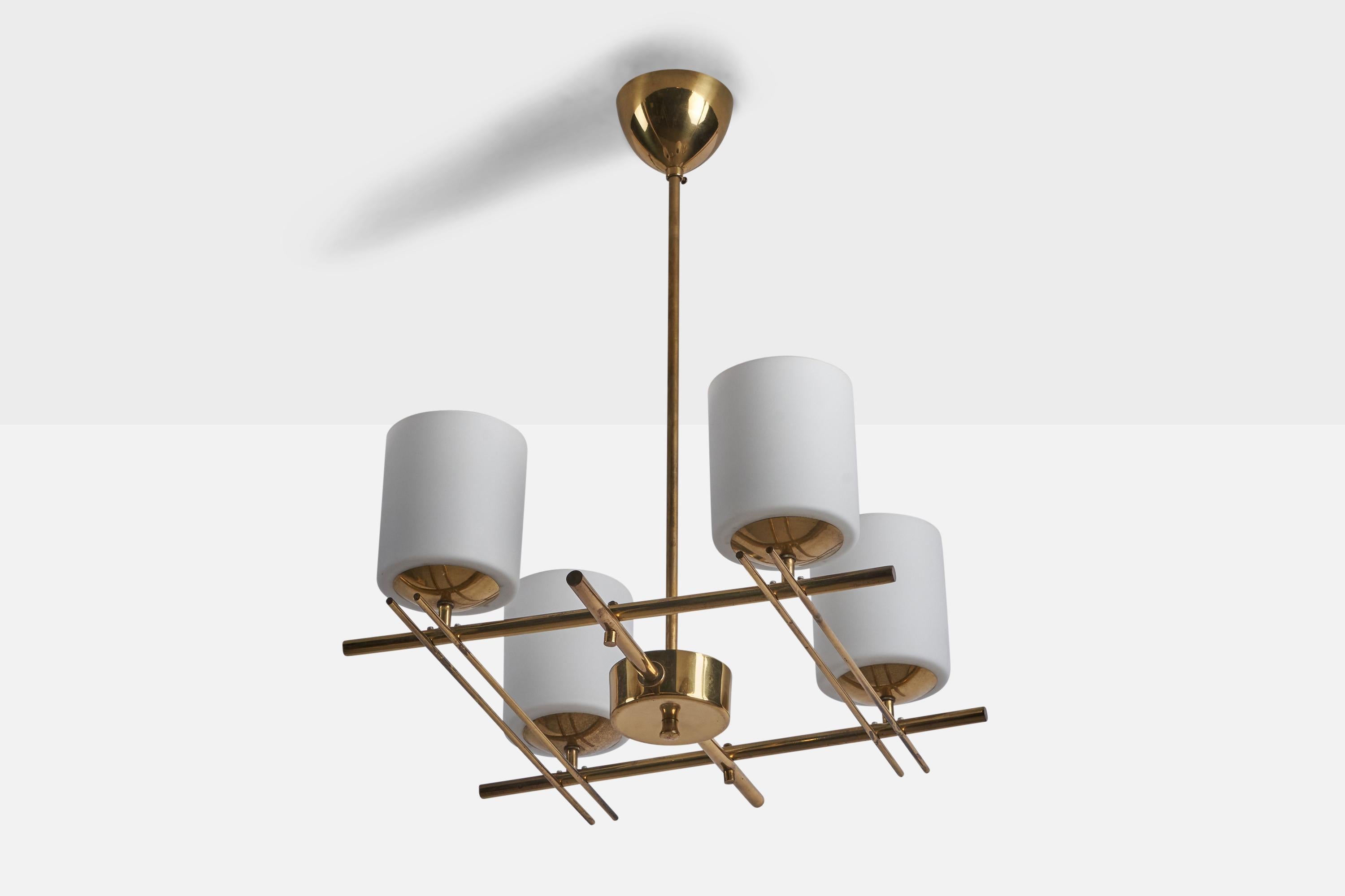 A four-armed brass and opaline glass chandelier designed and produced by Itsu OY, Finland, c. 1950s.

Overall Dimensions (inches): 23” H x 17” W x 17” D
Bulb Specifications: E-26 Bulb
Number of Sockets: 4