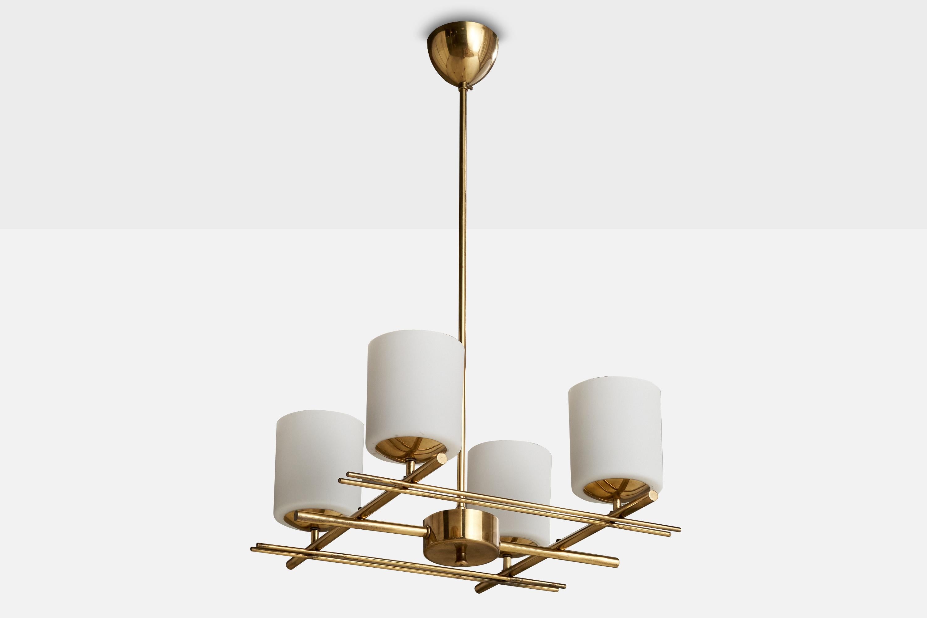 A four-armed brass and opaline glass chandelier designed and produced by Itsu OY, Finland, c. 1950s.

Overall Dimensions (inches): 30.25” H x 17” Diameter
Dimensions of Canopy:  3.375” H x 4” W x 4” D
Stem length: 22.625”H
Bulb Specifications: E-26 