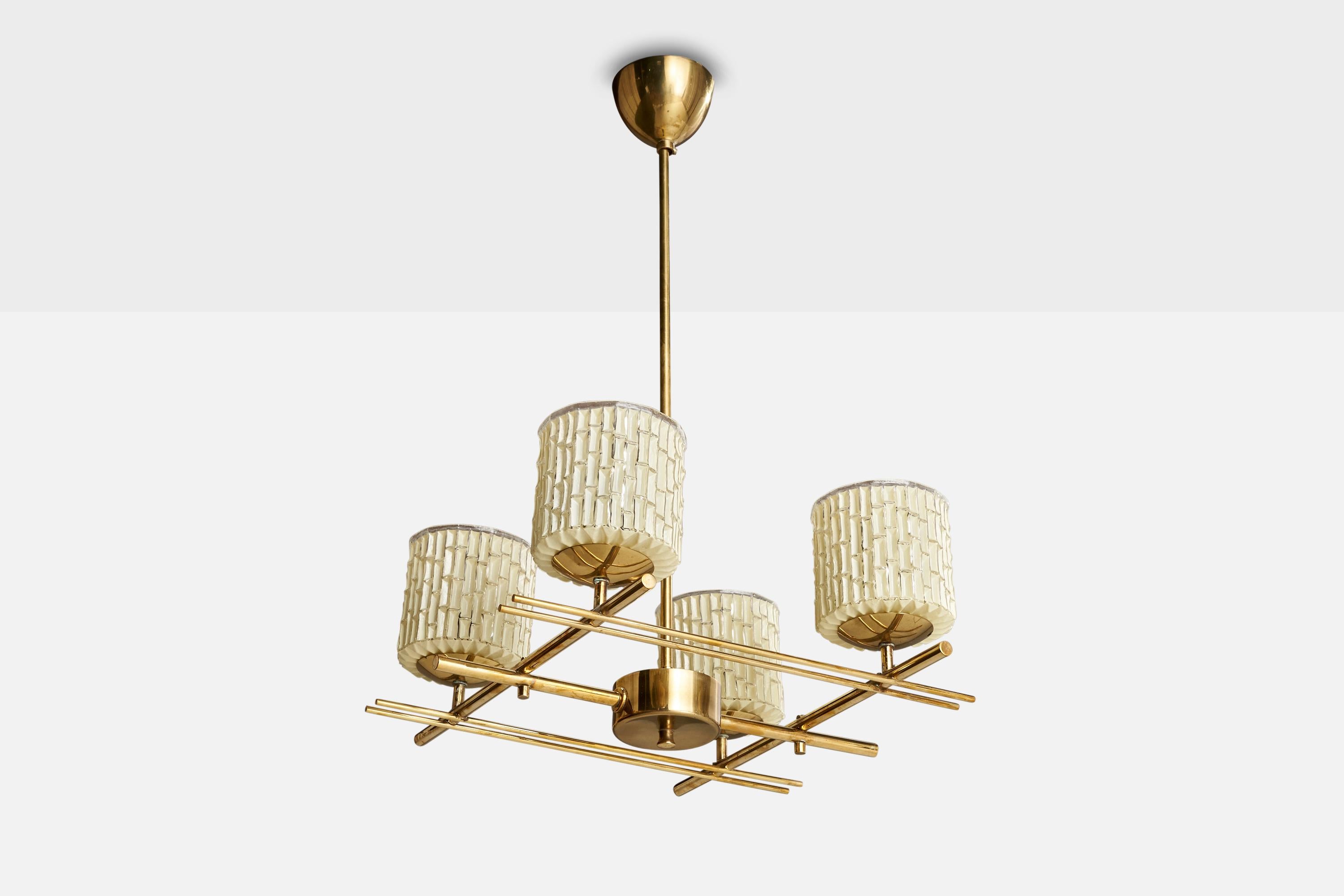 A four-armed brass and glass chandelier designed and produced by Itsu OY, Finland, c. 1950s.

Dimensions of canopy (inches): 4”  H x 3” Diameter
Socket takes standard E-26 bulbs. 4 socket.There is no maximum wattage stated on the fixture. All