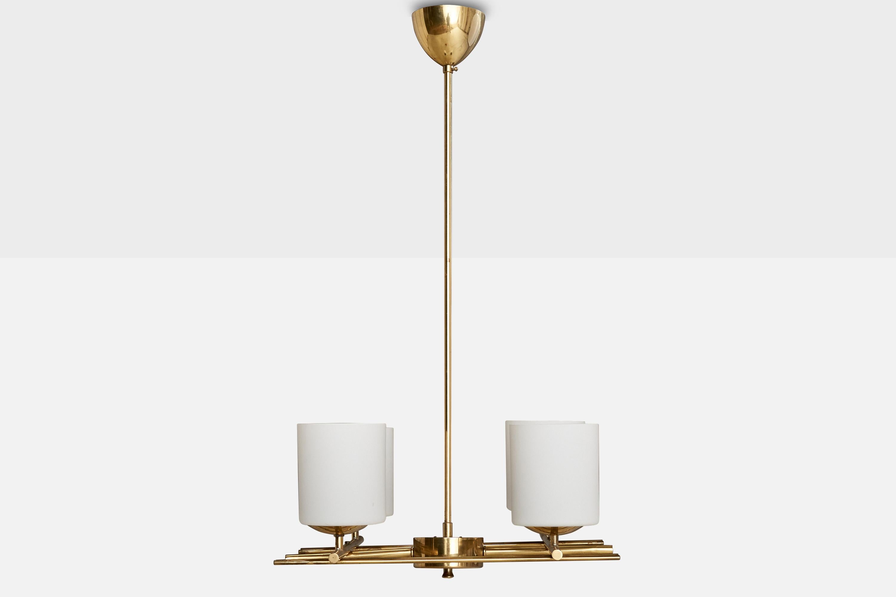 Finnish Itsu OY, Chandelier, Brass, Glass, Finland, 1950s For Sale