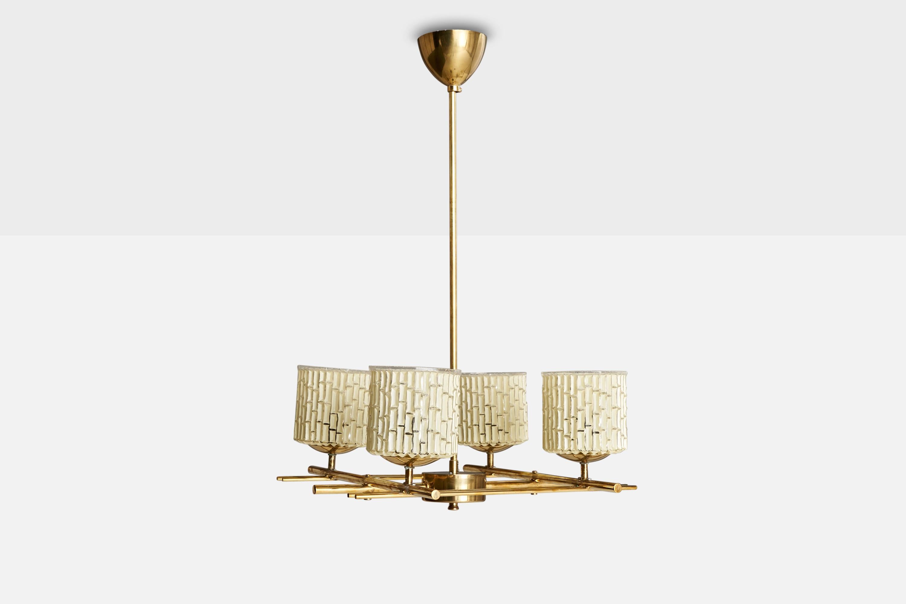 Itsu OY, Chandelier, Brass, Glass, Finland, 1950s For Sale 1