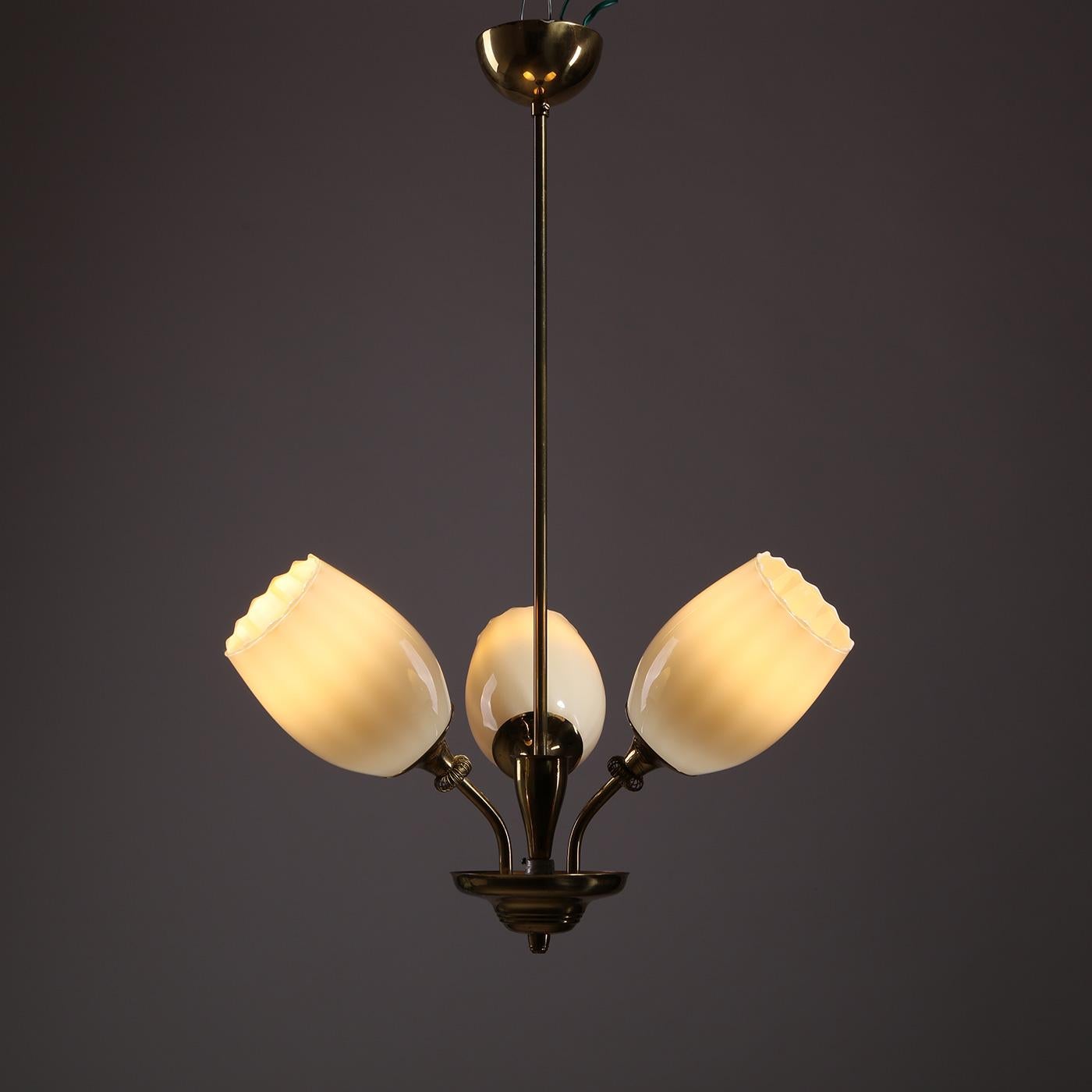 Elegant brass pendant ceiling lamp with three opaline glass shades, model 