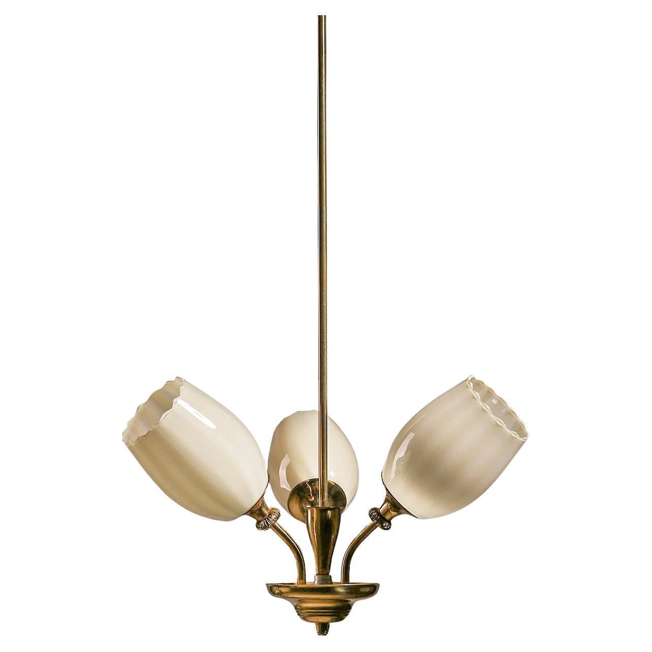 Itsu Oy "ER 5103/3" Pendant Lamp in Brass and Opaline Glass, Finland, 1950s For Sale