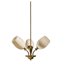 Retro Itsu Oy "ER 5103/3" Pendant Lamp in Brass and Opaline Glass, Finland, 1950s