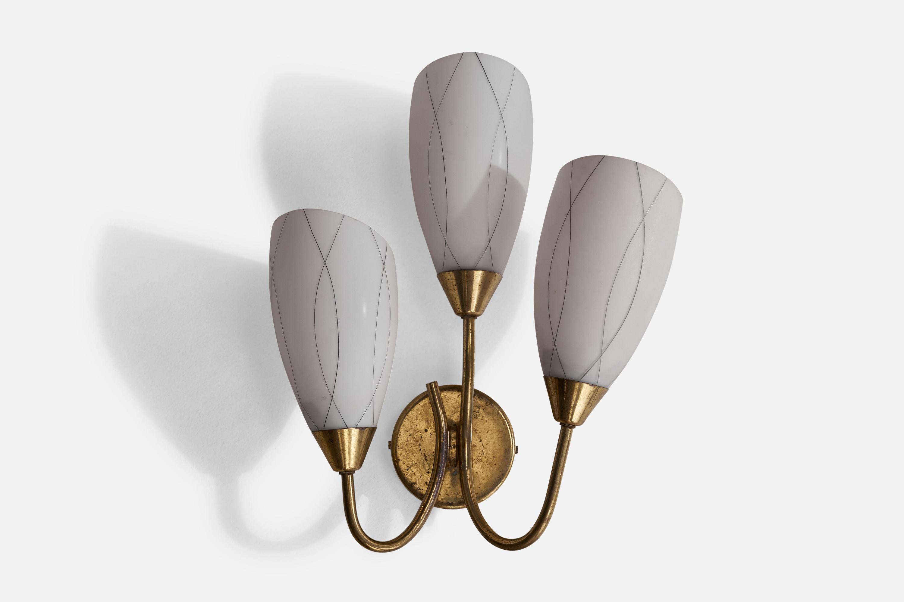 A three-armed brass and opaline glass wall light designed and produced by Itsu, Finland, 1940s.

Overall Dimensions (inches): 15.75” H x 12.50” W x 6”  D
Back Plate Dimensions (inches): 4”H x 4”  W x 1”  D
Bulb Specifications: E-14 Bulb
Number of