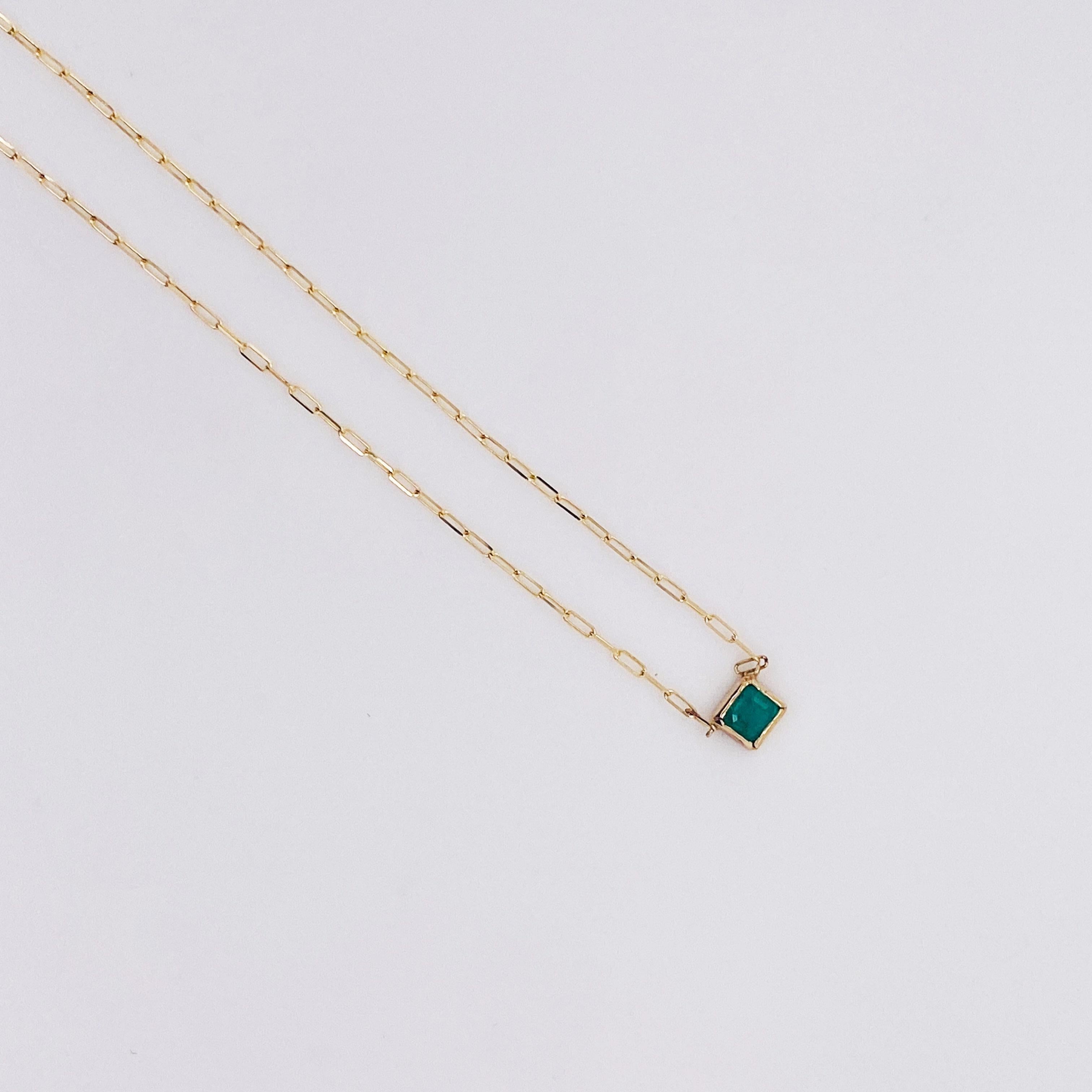 Modern Itty Bitty Emerald Necklace 0.10ct Emerald Paperclip Necklace in 14ky Gold