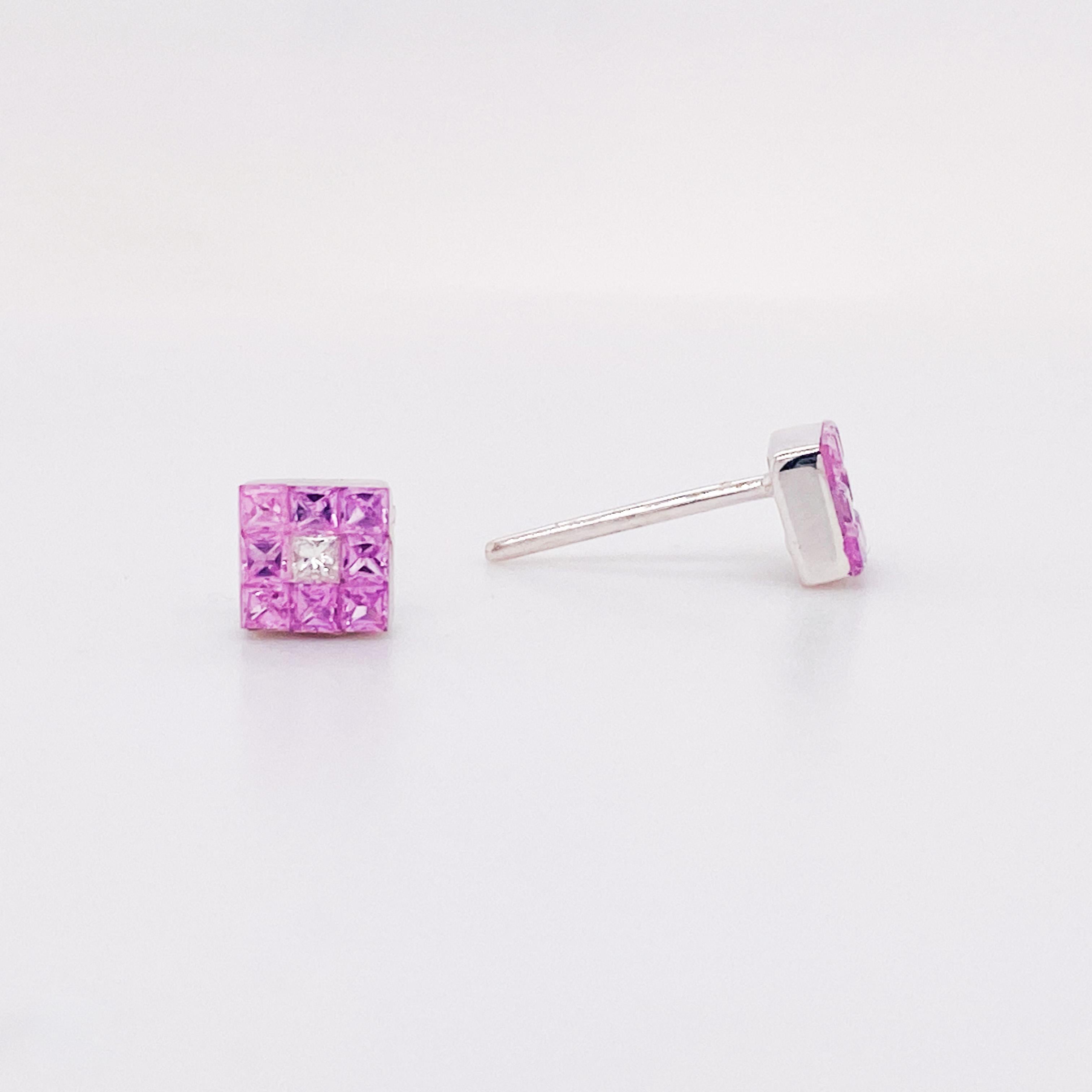 Contemporary Itty Bitty Pink Sapphire & Diamond Studs, 18K White Gold September Birthstone Lv For Sale