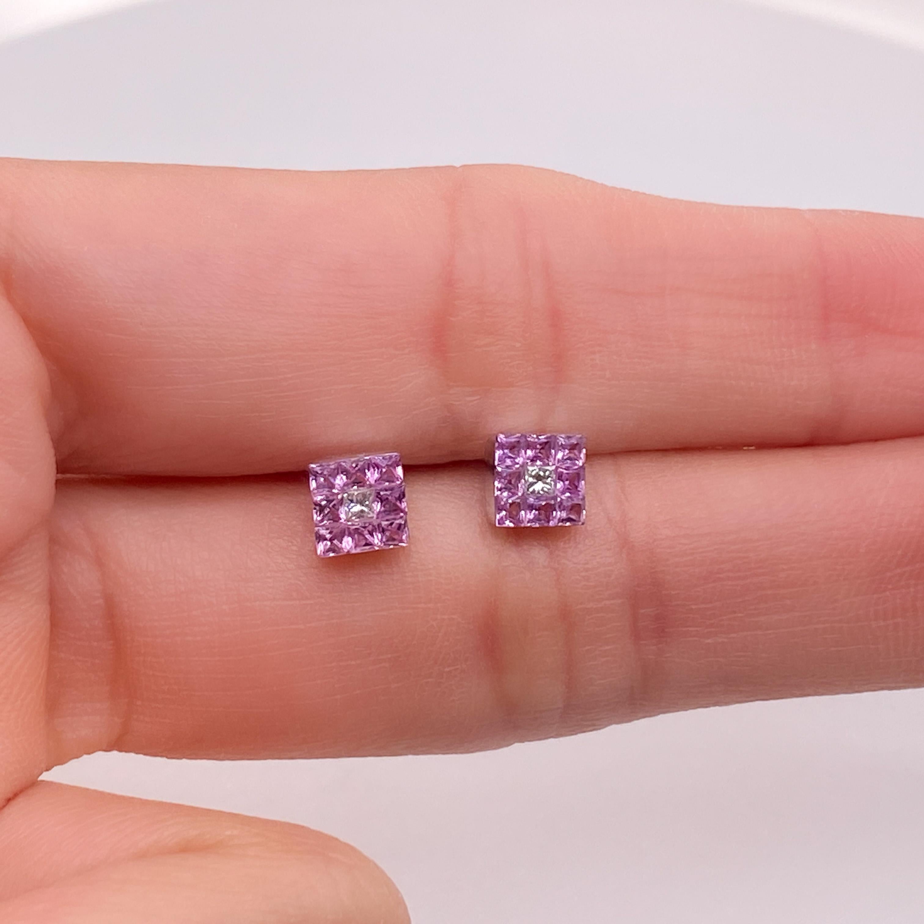 Princess Cut Itty Bitty Pink Sapphire & Diamond Studs, 18K White Gold September Birthstone Lv For Sale