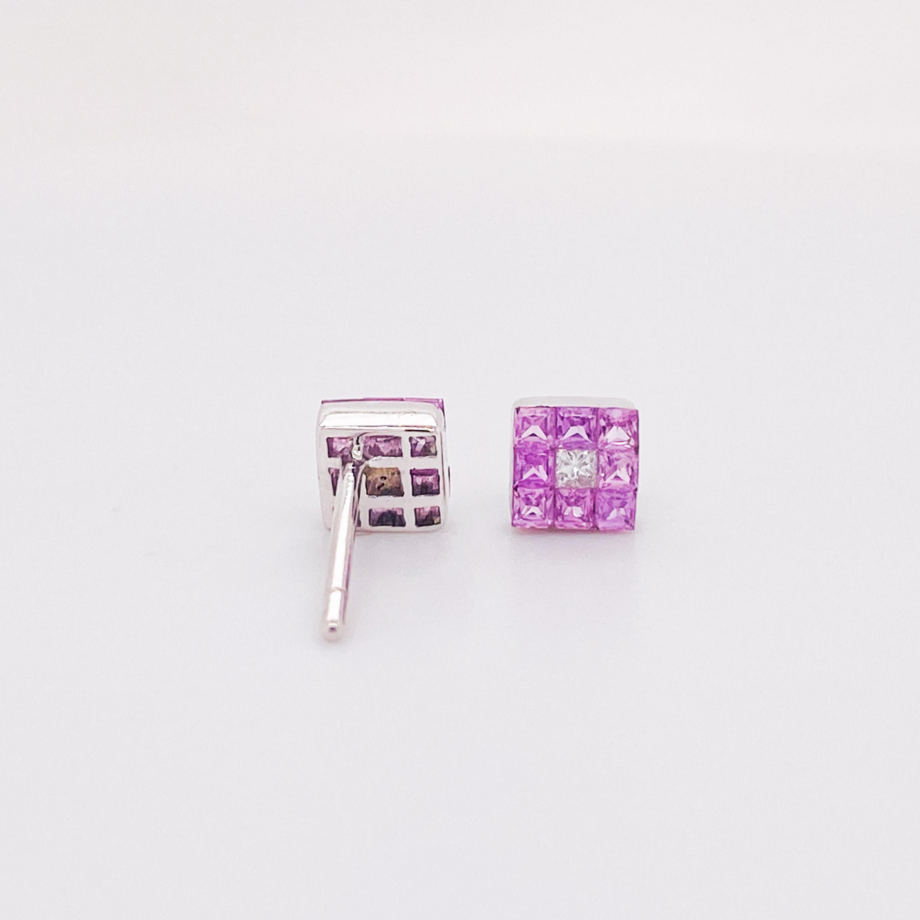 Itty Bitty Pink Sapphire & Diamond Studs, 18K White Gold September Birthstone Lv In New Condition For Sale In Austin, TX
