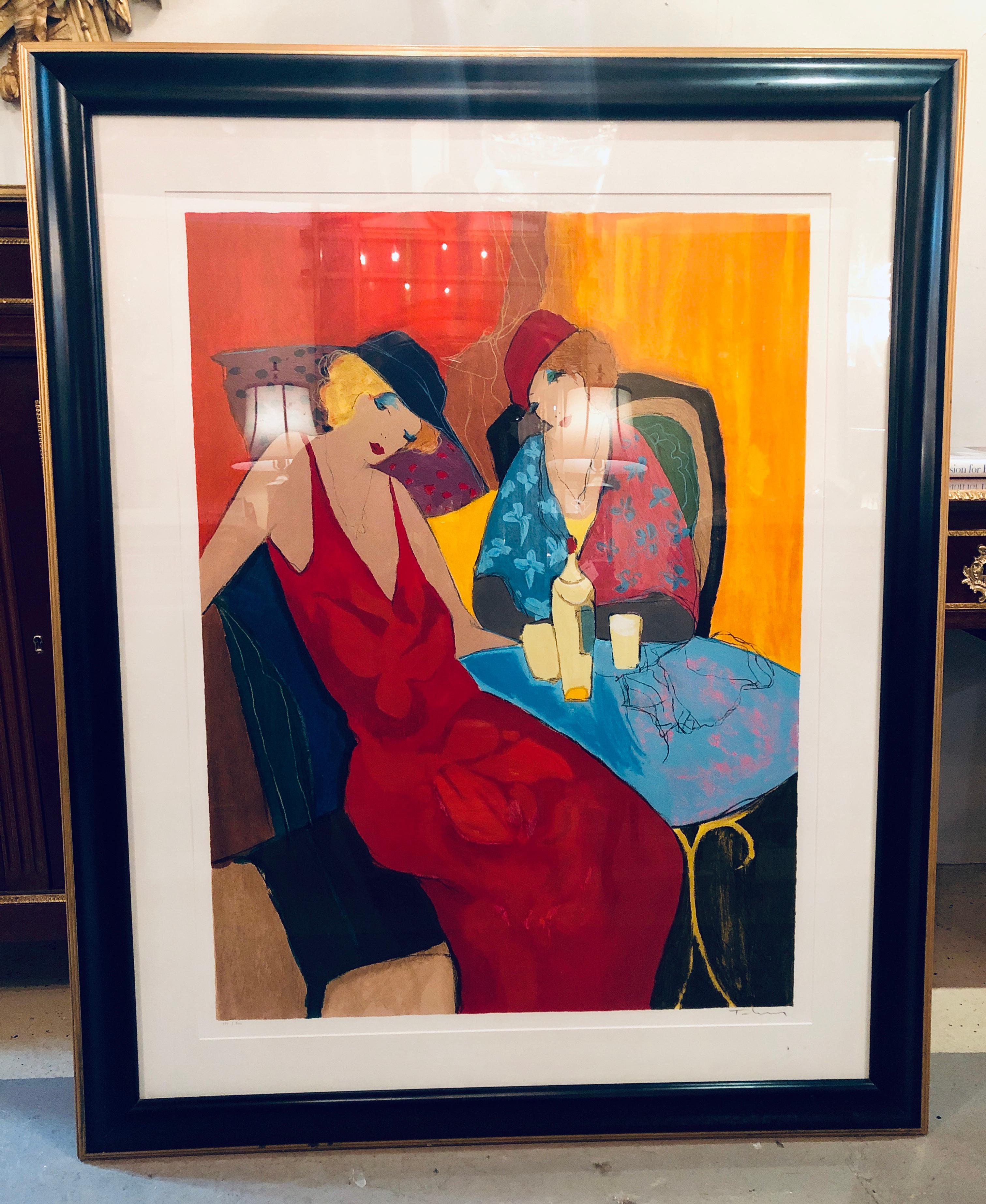 Itzchack Tarkay Serigraph (1935-2012) signed and numbered in fine frame Itzchack Tarkey Serigraph (1935-2012). This fine decorative work of art is framed in a Hollywood Regency style frame of ebony with a gilt gold border. 

Itzchack Tarkay