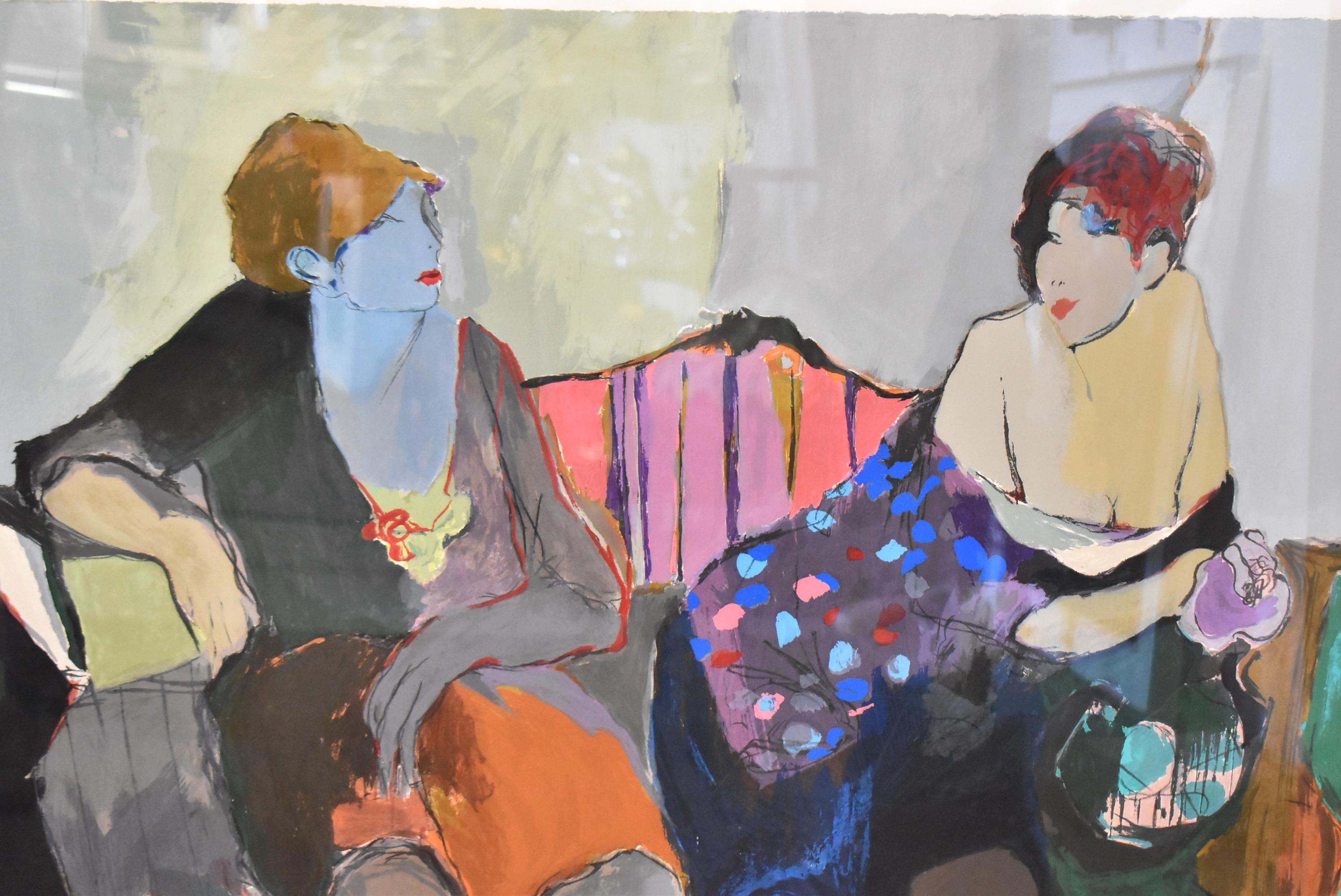 Signed and numbered serigraph by Itzchak Tarkay titled Two Women On A Sofa