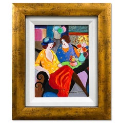 Itzchak Tarkay, "Chit Chat" Framed One-of-a-Kind Mixed Media Over Paint on Wood
