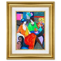 Itzchak Tarkay, "Chit Chat" Framed One-of-a-Kind Mixed Media Over Paint on Wood