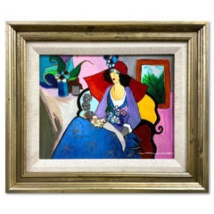 Itzchak Tarkay, "Red Hat" Framed One-of-a-Kind Mixed Media Over Paint on Wood
