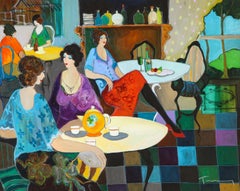 Itzchak Tarkay (Israel, 1935-2012) "Afternoon Tea" Oil on Canvas Painting