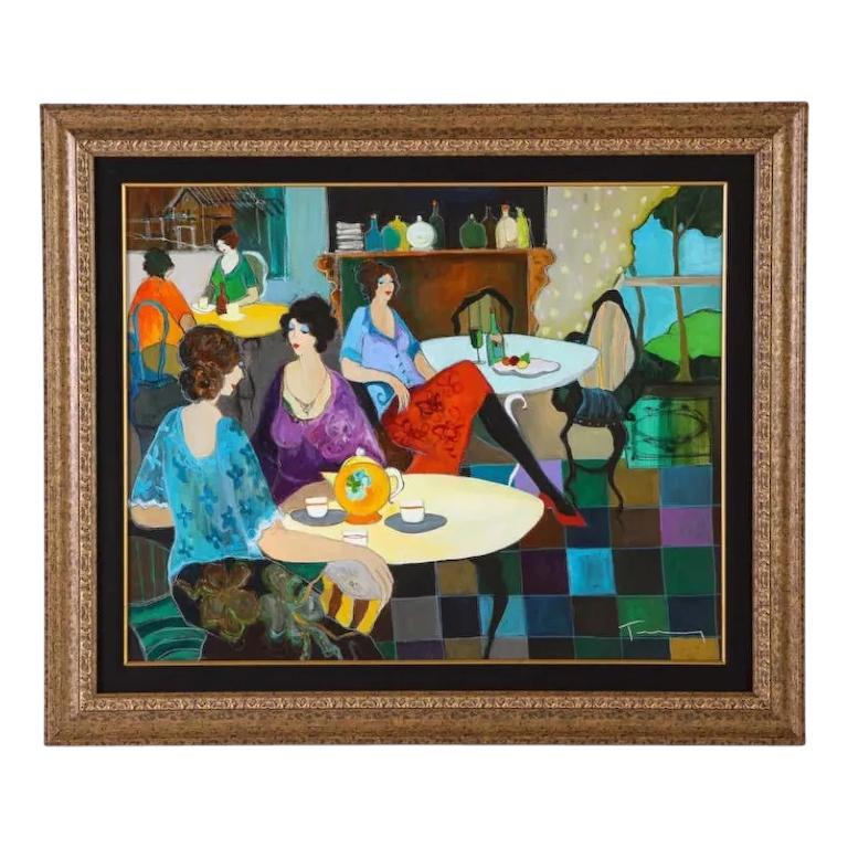 Itzchak Tarkay (Israel, 1935-2012) "Afternoon Tea" Oil on Canvas Painting,

Very beautiful and vibrant painting.

Canvas size: 32" x 40"
With Frame: 42" x 50"

Itzchak Tarkay immigrated with his family from Subotica, in what is now known as Serbia,