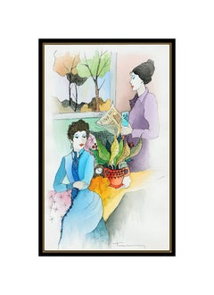 Itzchak Tarkay Large Original Watercolor Painting Signed Female Portrait Cafe