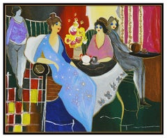 Itzchak Tarkay Original Mixed Media Painting On Canvas Signed Female Cafe Art