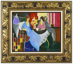 Vintage Itzchak Tarkay Original Mixed Media Painting On Canvas Signed Female Cafe Art