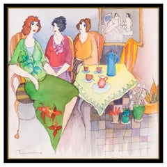 Itzchak Tarkay Original Watercolor Painting Signed Female Ladies Cafe Framed Art
