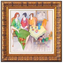 Vintage Itzchak Tarkay Original Watercolor Painting Signed Female Ladies Cafe Framed Art