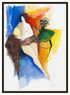 Itzchak Tarkay Original Watercolor Painting Signed Nude Female Portrait Artwork