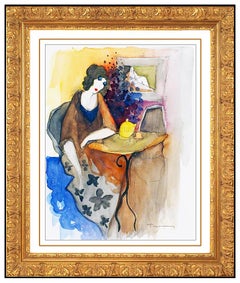 Itzchak Tarkay Original Watercolor Painting Signed Woman Female Lady Cafe Art